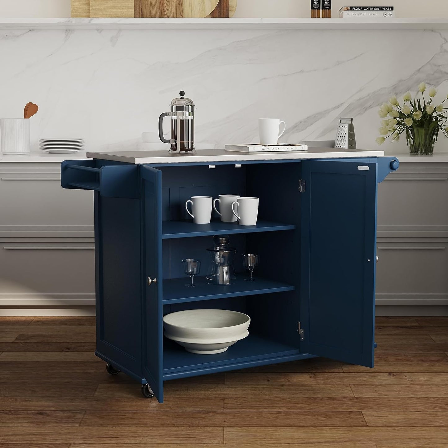 homestyles Mobile Kitchen Island Cart with Stainless Steel Top, Blue