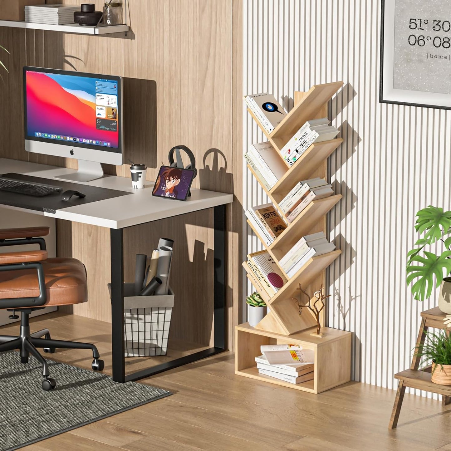 9 Tier Tree Bookshelf,Christmas Green Bookcase for Narrow Space, Storage Organizer Floor Standing Bookshelves for Books, Tall Book Case for Home Office, Living Room, Bedroom