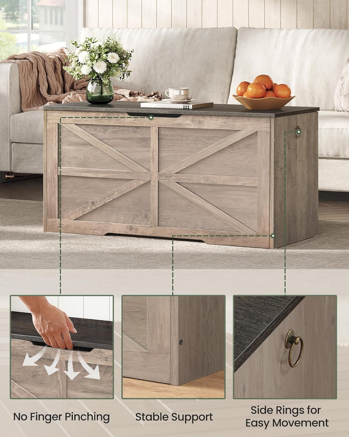 Storage Chest, 39.4" Wooden Storage Trunk, Retro Storage Bench with Safety Hinge, Toy Chest Storage, Farmhouse Style, for Bedroom, Living Room, Charcoal Gray and Greige MCW10HC