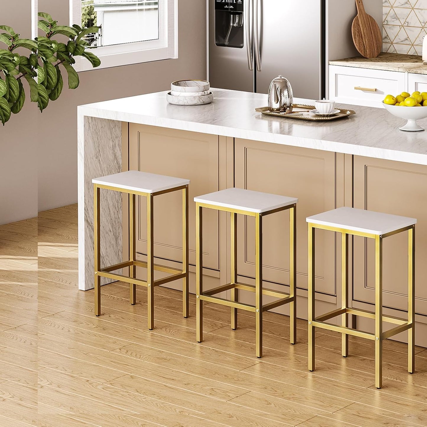 Bar Stools, Set of 2 Bar Chairs, Kitchen Breakfast Bar Stools with Footrest, 25.8-Inch Height, Rectangular Industrial Stools, for Dining Room, Easy Assembly, White and Gold BAJW0101