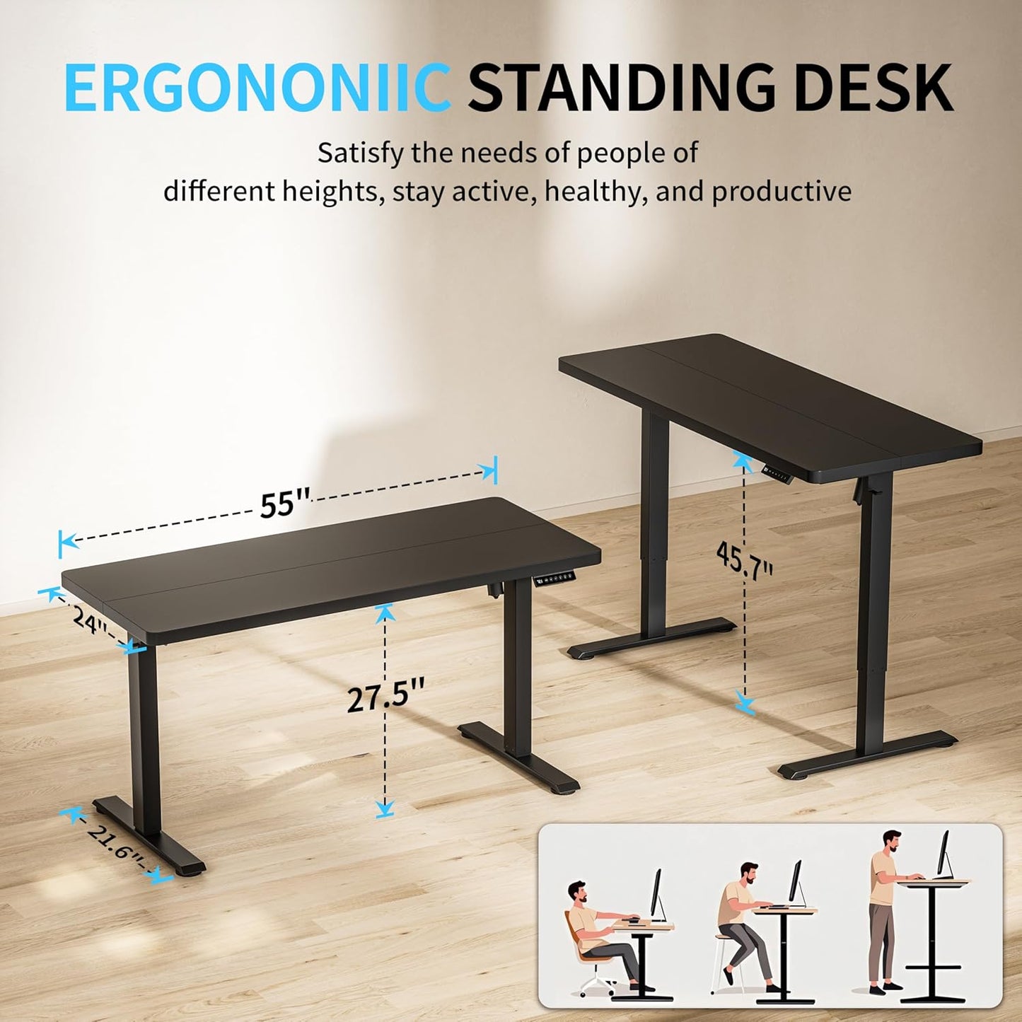 BIZUM Electric Standing Desk, 55" x 24" Height Adjustable Desk, Black Sit to Stand Desk Memory Gaming Computer Workstation for Home Office