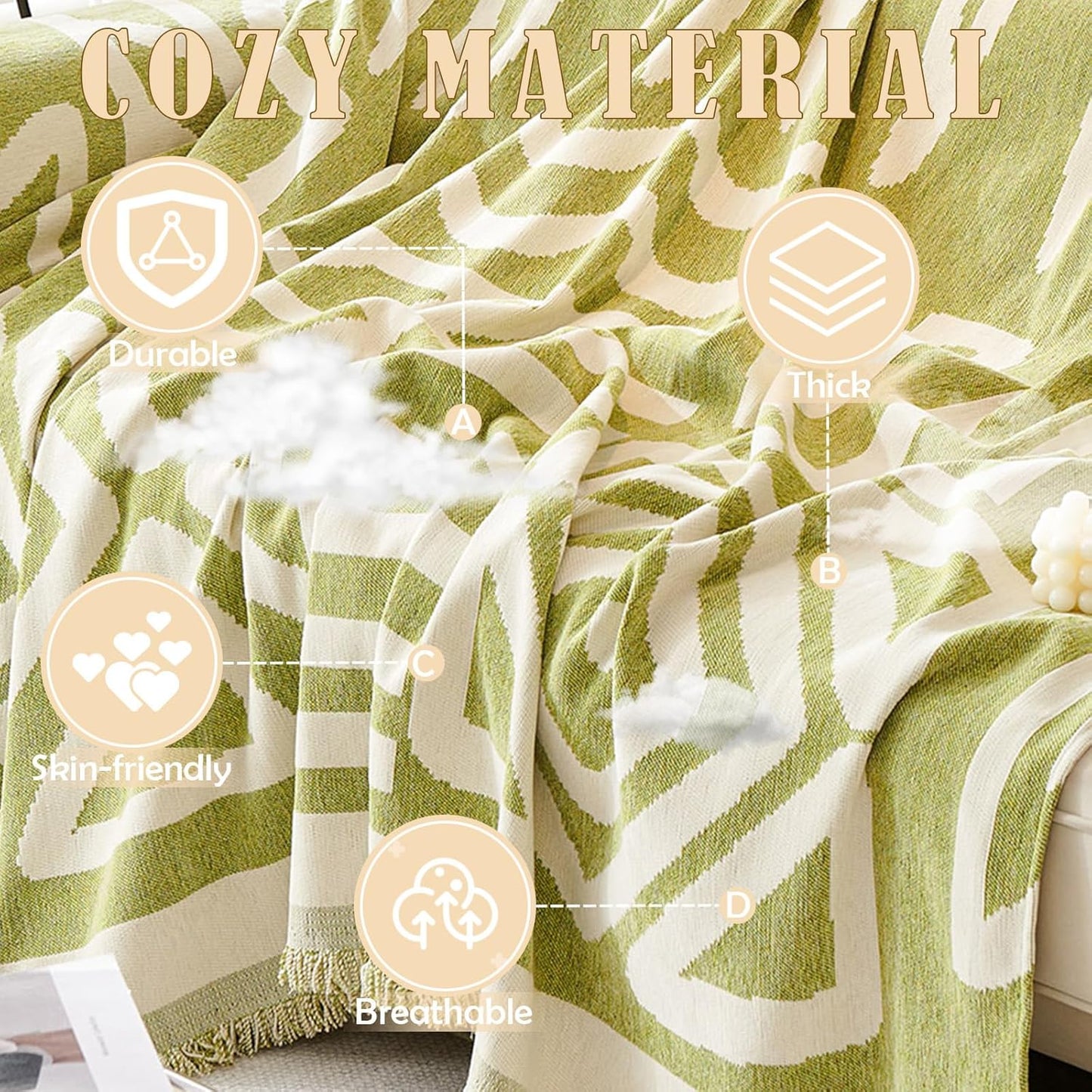 HANDONTIME Green Sofa Covers Chenille Couch Covers Universal Sofa Cover Boho Cover for Sofa 3 Seats Dogs Couch Furniture Protector Couch Cushion Covers Sectional Couch Covers for L Shaped, 91" X118"