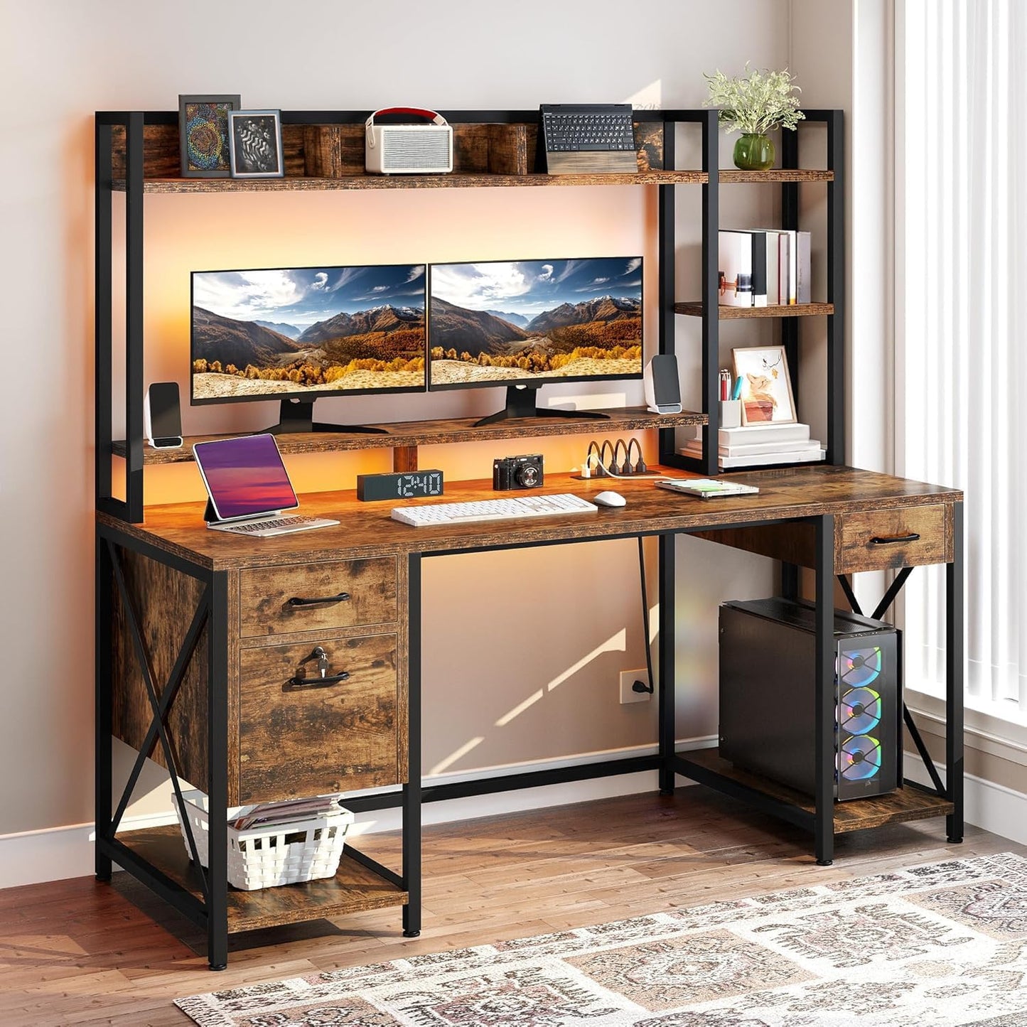 DWVO Computer Desk with Drawers & Hutch, 59.1" Office Desk with Power Outlets & LED Lights, Home Office Desk with Storage Shelves, Rustic Brown