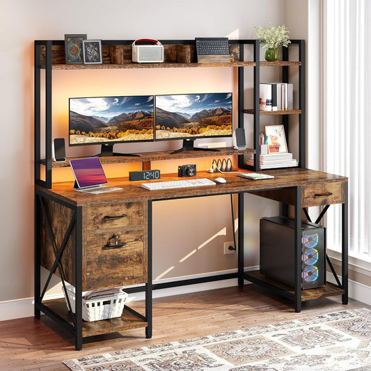 DWVO Computer Desk with Drawers & Hutch, 59.1" Office Desk with Power Outlets & LED Lights, Home Office Desk with Storage Shelves, Rustic Brown