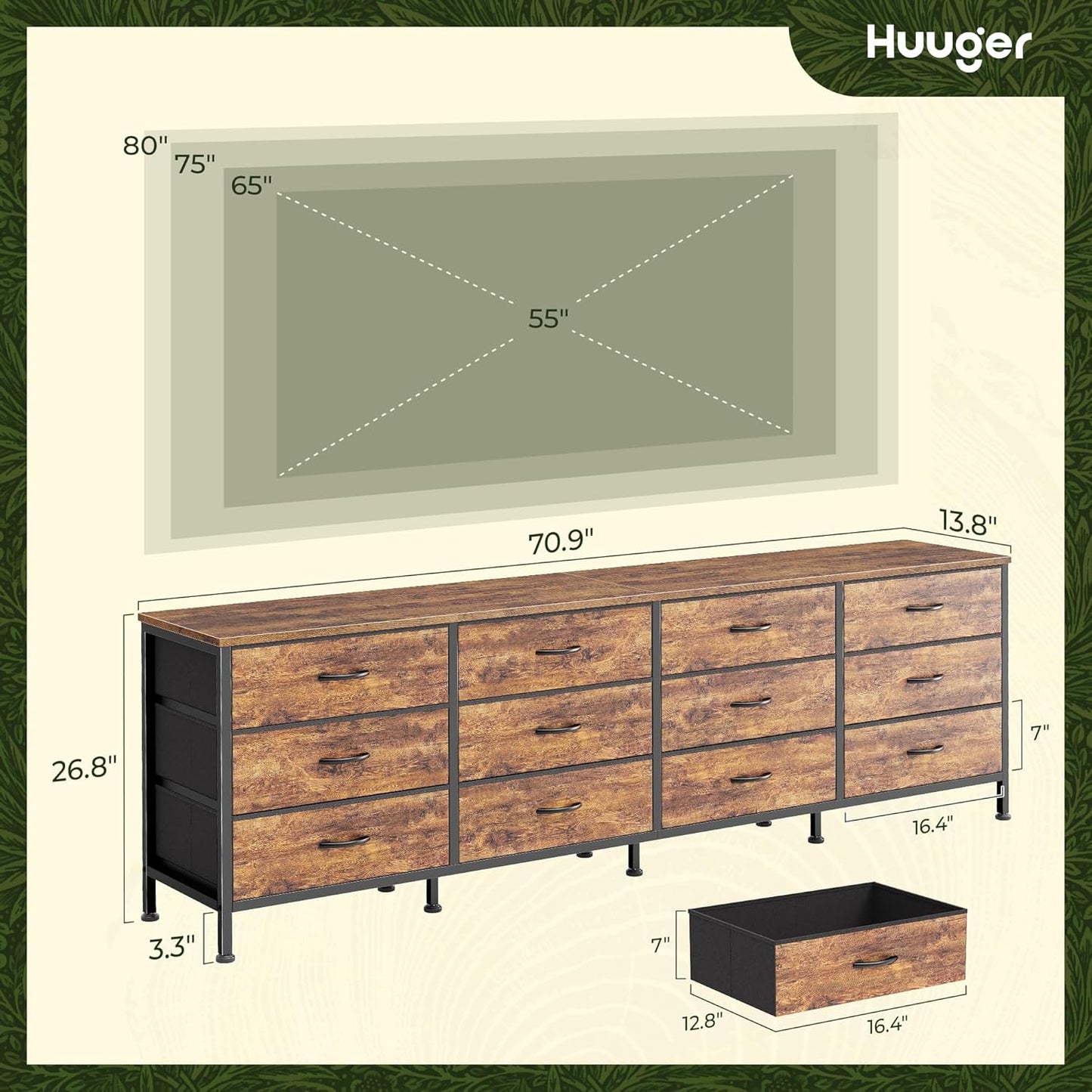 Huuger 70 Inch Dresser for Bedroom, TV Stand for 65, 75, 80 Inch TV, 12 Fabric Drawer Long Dresser, Large Entertainment Center for Bedroom, Wide Chest of Drawer with Storage, Rustic Brown