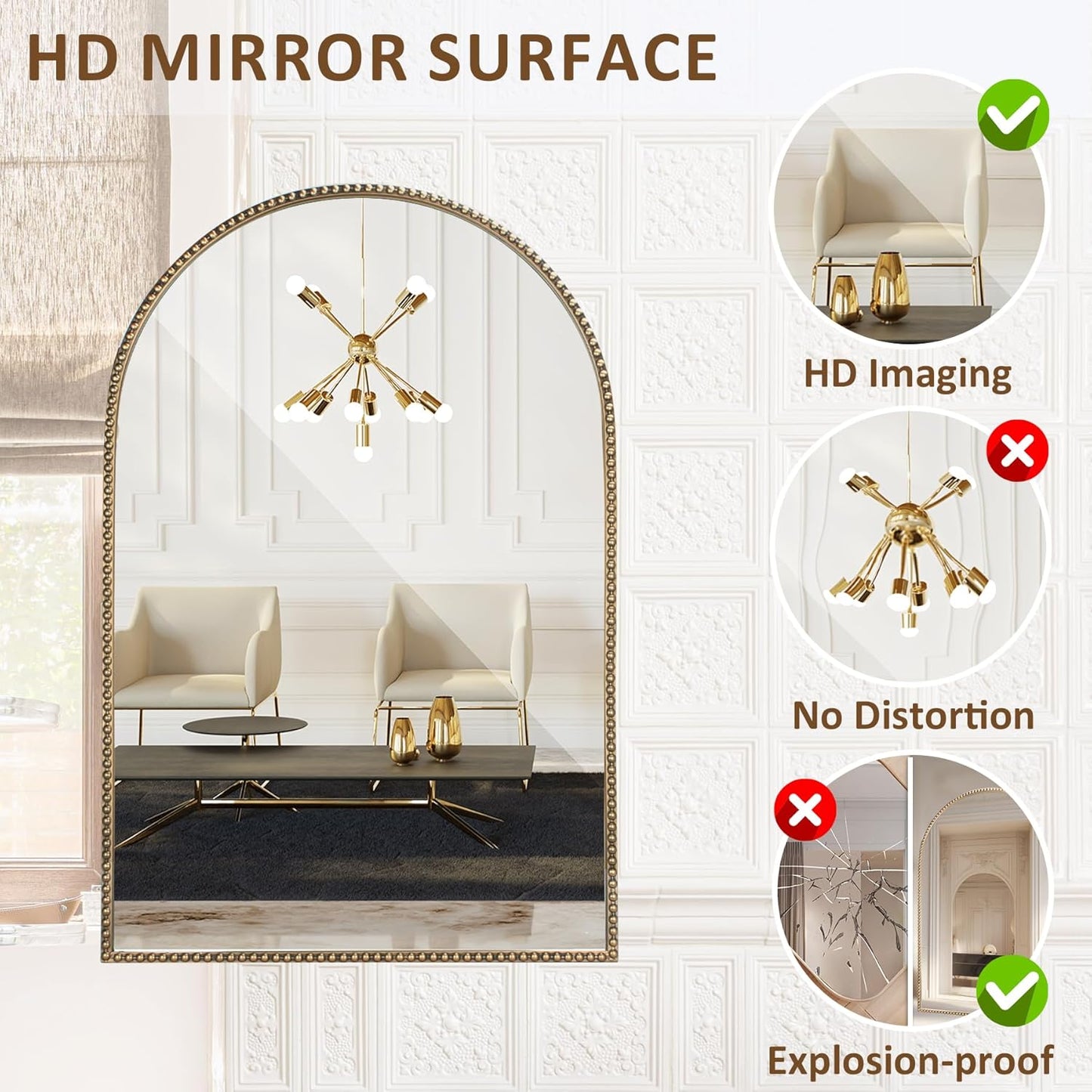 Arched Wall Mirror for Bathroom, 20"x30"-Ornate Decorative Bathroom Mirror with Beaded Metal Frame - Modern Distressed Hanging Wall Decor for Bedroom/Living Room/Entryway-Antique Gold Mirror