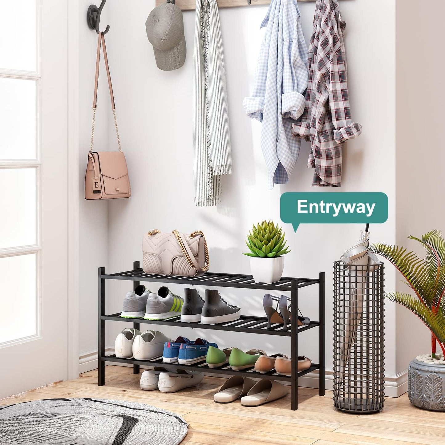 3-Tier Long Black Shoe Rack, Bamboo Wood Shoe Rack for Closet, Entryway & Hallway, Stackable | Functional | Sturdy