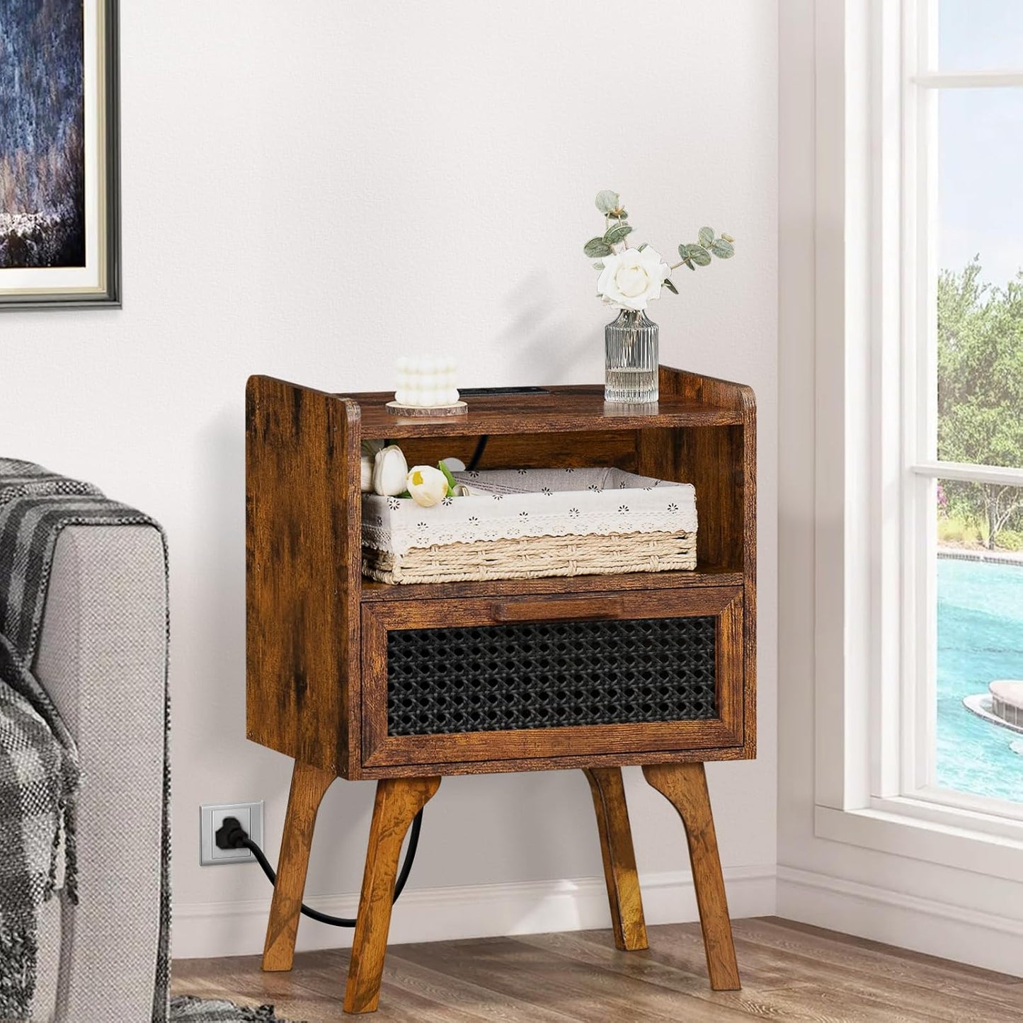 Lerliuo Rattan Nightstands Set of 2 with Charging Station, Boho Side Table with Drawer Open Shelf, Cane Accent Bedside End Table with Solid Wood Legs for Bedroom, Dorm and Small Spaces (Brown)