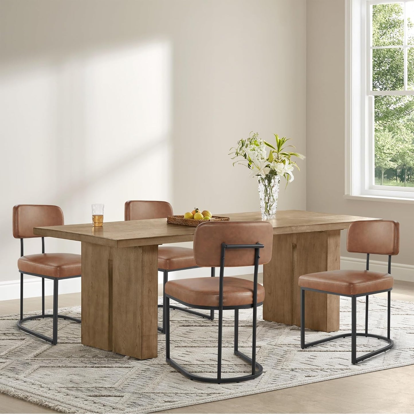 Dining Chairs Set of 6, Upholstered Modern Kitchen Chairs with Ergonomic Backrest, Faux Leather Cushion Seat & Metal Legs for Living Room, Restaurant, and Café, Brown, 2 Boxs