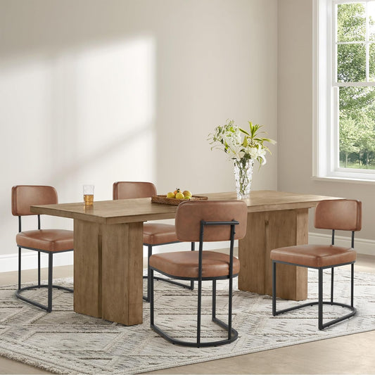 Dining Chairs Set of 6, Upholstered Modern Kitchen Chairs with Ergonomic Backrest, Faux Leather Cushion Seat & Metal Legs for Living Room, Restaurant, and Café, Brown, 2 Boxs