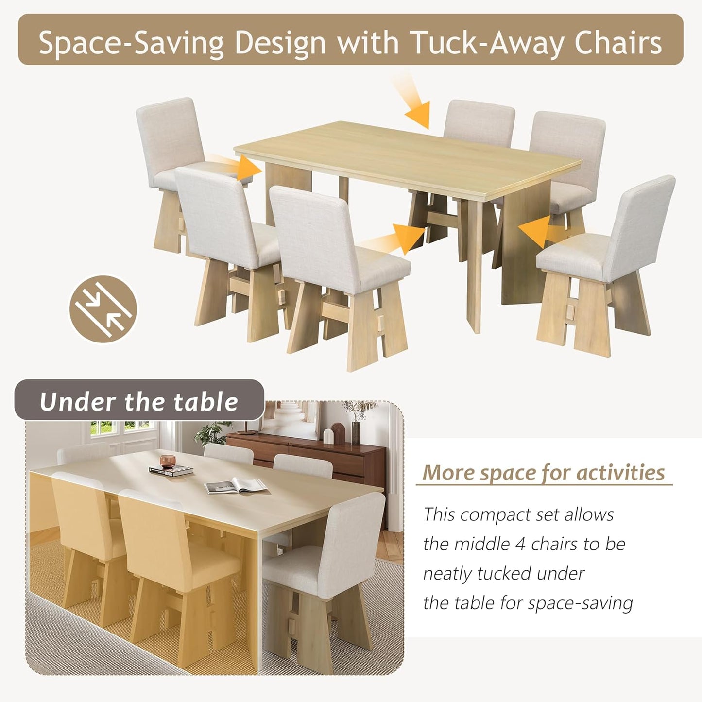 Ball & Cast Modern 7-Piece Dining Table Set with 6 Upholstered Chairs,Wood Tables Sets w/Space-Saving Design,Kitchen Furniture Suitable Big Family Gatherings,Natural