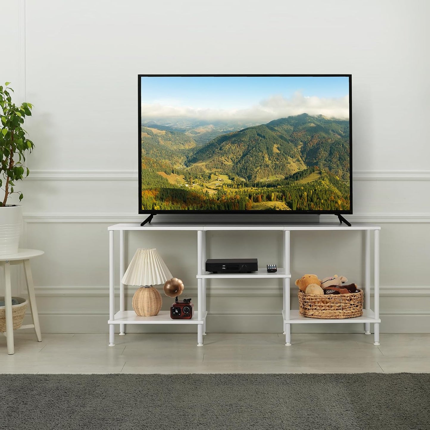 BTY White TV Stand for Bedroom 3 Tier Small Entertainment Center with Storage Industrial TV Media Console Table for 50 Inch TVs, Living Room, Small Space