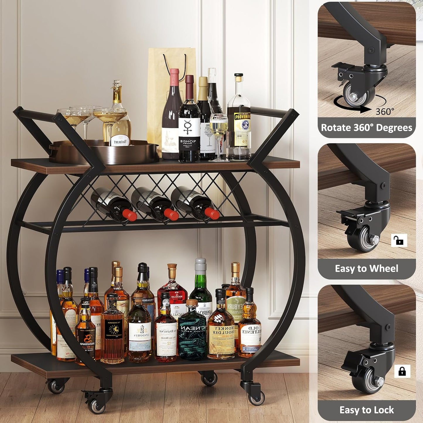 LVB Modern Gold Bar Cart, Industrial Rolling Serving Wine Cart with Wine Rack, Coffee Liquor Drink Cart with Storage and Wheels, Wood and Metal Kitchen Microwave Beverage Cart for Home, Walnut