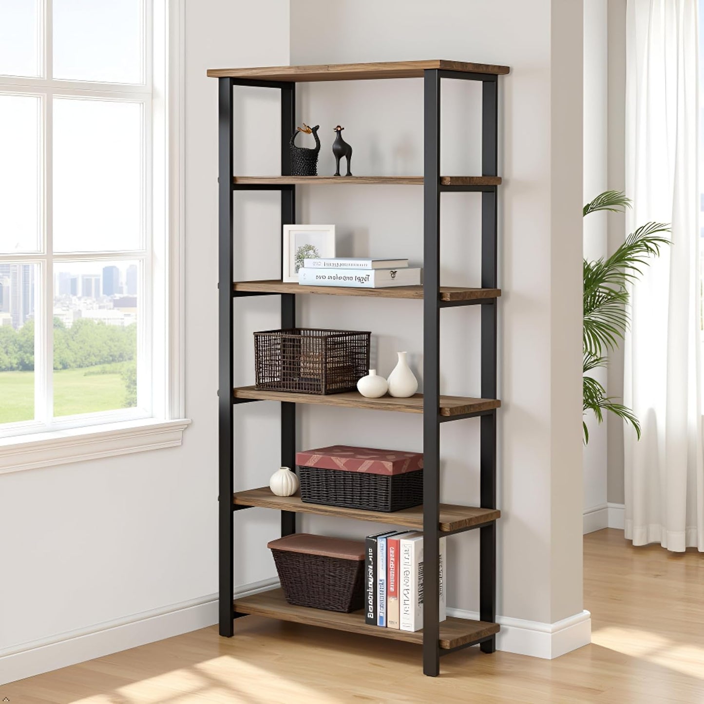 Pomona 6-Tier Bookcase – 70" Tall Solid Wood with Metal Frame Bookshelf – Durable Industrial Storage for Home Office, Living Room, or Bedroom by Alaterre Furniture (Brown Lacquer Finish)