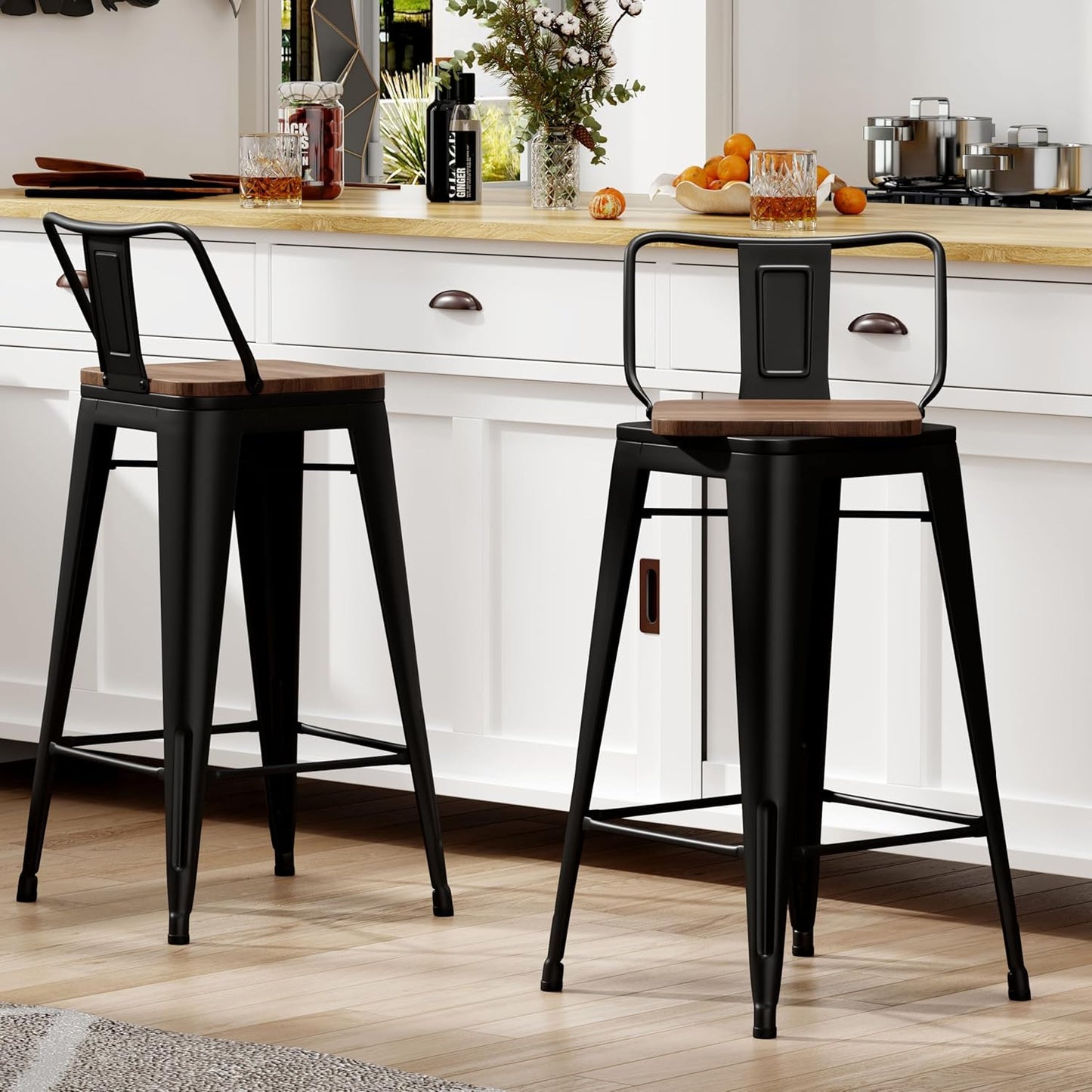 30 Inch Swivel Bar Stools Set of 2 with Backs Counter Height Industrial Metal Barstools Island Bar Chairs for Home Kitchen Dining Room (Swivel 30 inch,Matte Black Wooden)