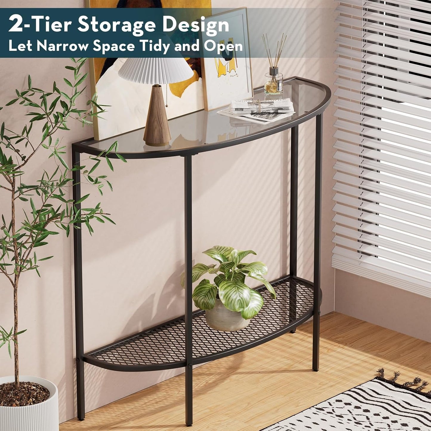 SAYGOER Glass Console Table 2 Tier Half Moon Entryway Table Modern Couch Table Small Entry Way Tables for Living Room Hallway, Easy Assembly, Gray Glass