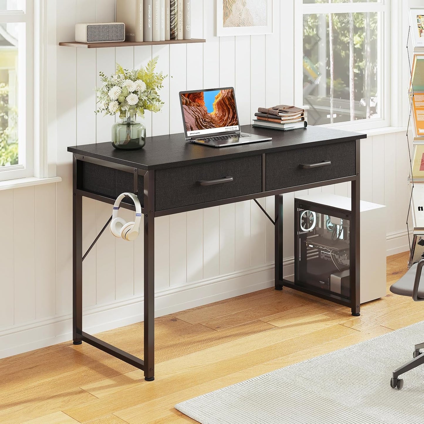 Casaottima 40 Inch Small Office Computer Desk with 2 Drawers & Headphone Hook - Compact Writing Desk for Home Office, Study or Work, Modern Space-Saving Design for Small Spaces, Black