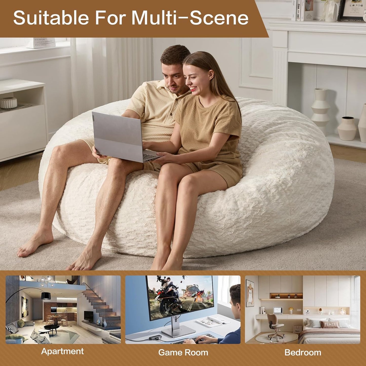 Hobestluk 6ft Bean Bag Chairs for Adults Large Beanbag Chair with Chevron Plush Fur Cover Big Bean Bag Chair for Living Room Bedroom Dorm Office - White (70" x 70" x 15")