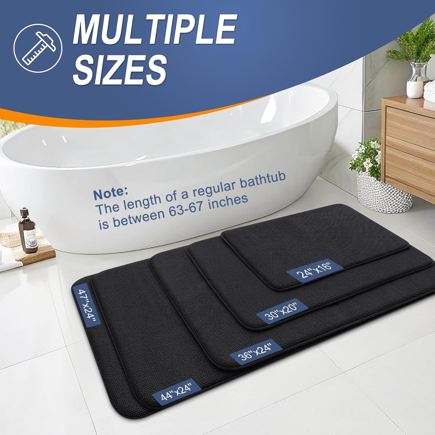 OLANLY Thick Memory Foam Bath Mat Rug 44x24, Extra Soft Absorbent Bathroom Rug, Quick Dry Bath Mats, Non-Slip, Machine Washable Carpet for Bathroom, Tub and Shower, Home Decor Accessories, Black