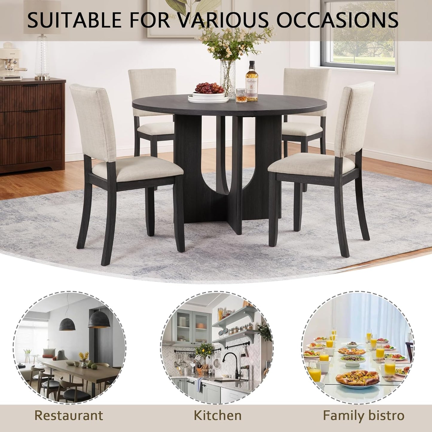 Ball & Cast 5 Piece Dining Table Set with 4 Upholstered Chairs,Wooden Living Room Furniture W/ 47.3" Round Kitchen Desk & Backrest Chair,for Small Space,Dining Room,Antique Black & Beige