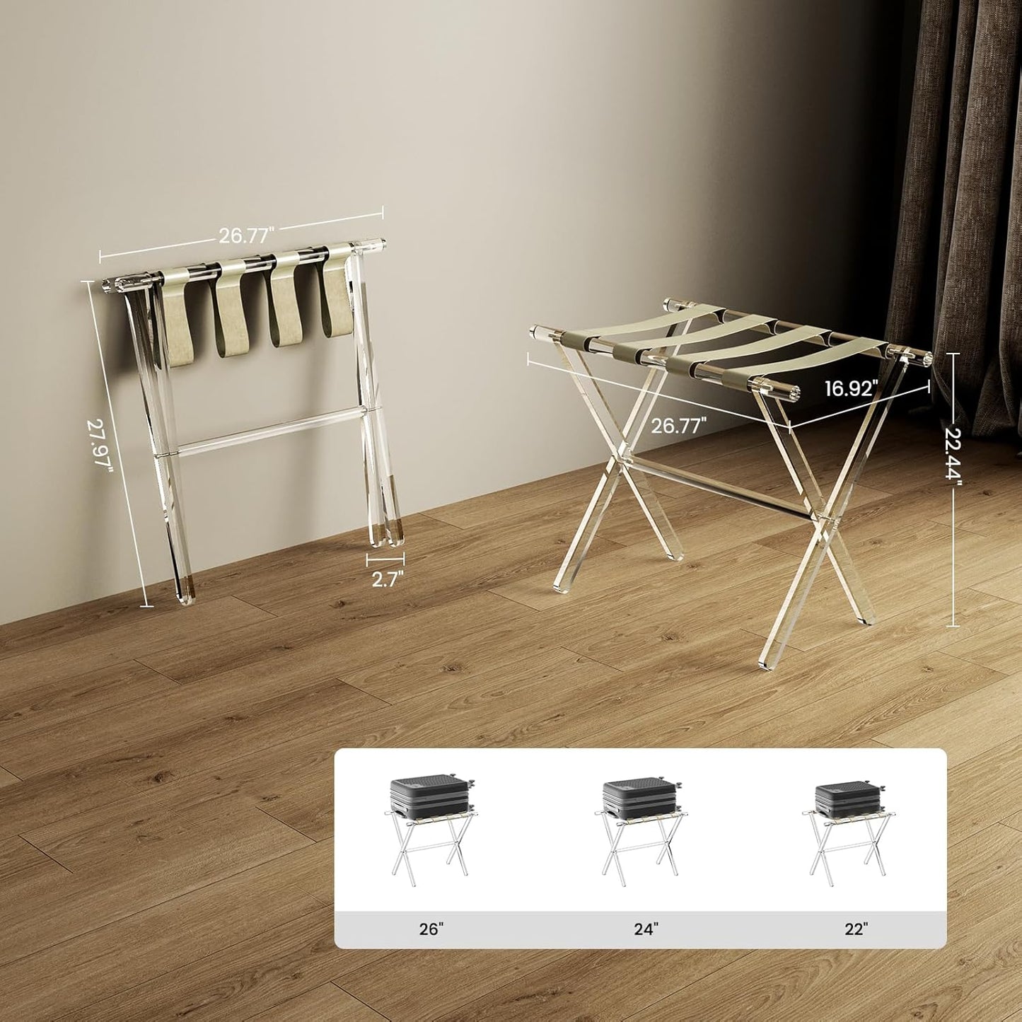 Sumerflos Acrylic Luggage Rack for Guest Room - Foldable Suitcase Stand with Leather Straps for Bedroom Living Room Hotel Heavy-Duty, Holds up to 50-100 lb lightweight Space Saving (Beige & Handle - 1 Pcs)
