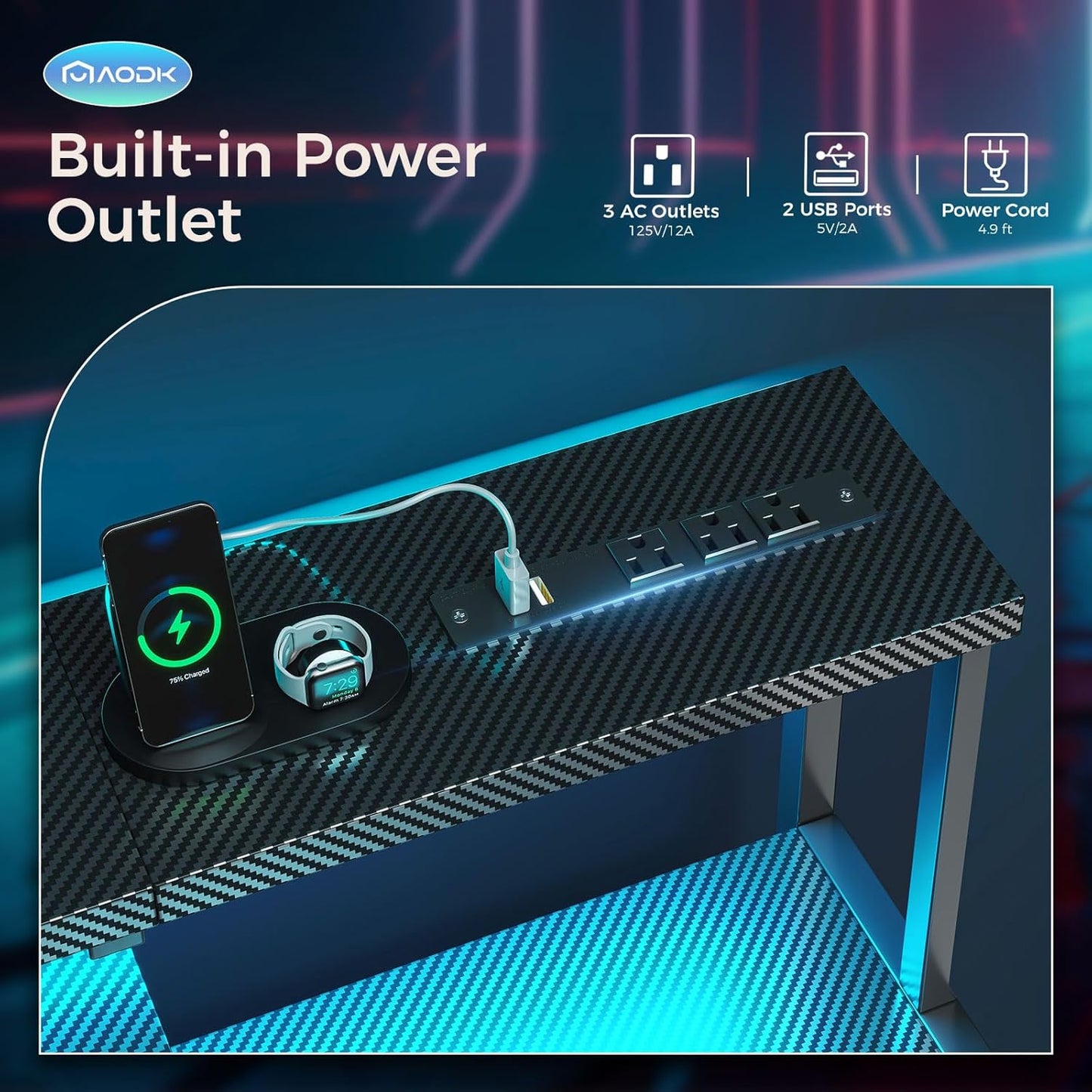 AODK Computer Desk, 48 Inch Gaming Desk with Led Lights & Power Outlet, Office Desk with Storage Shelves, Reversible Desk with Monitor Shelf & Headphone Hook, Carbon Fiber Black