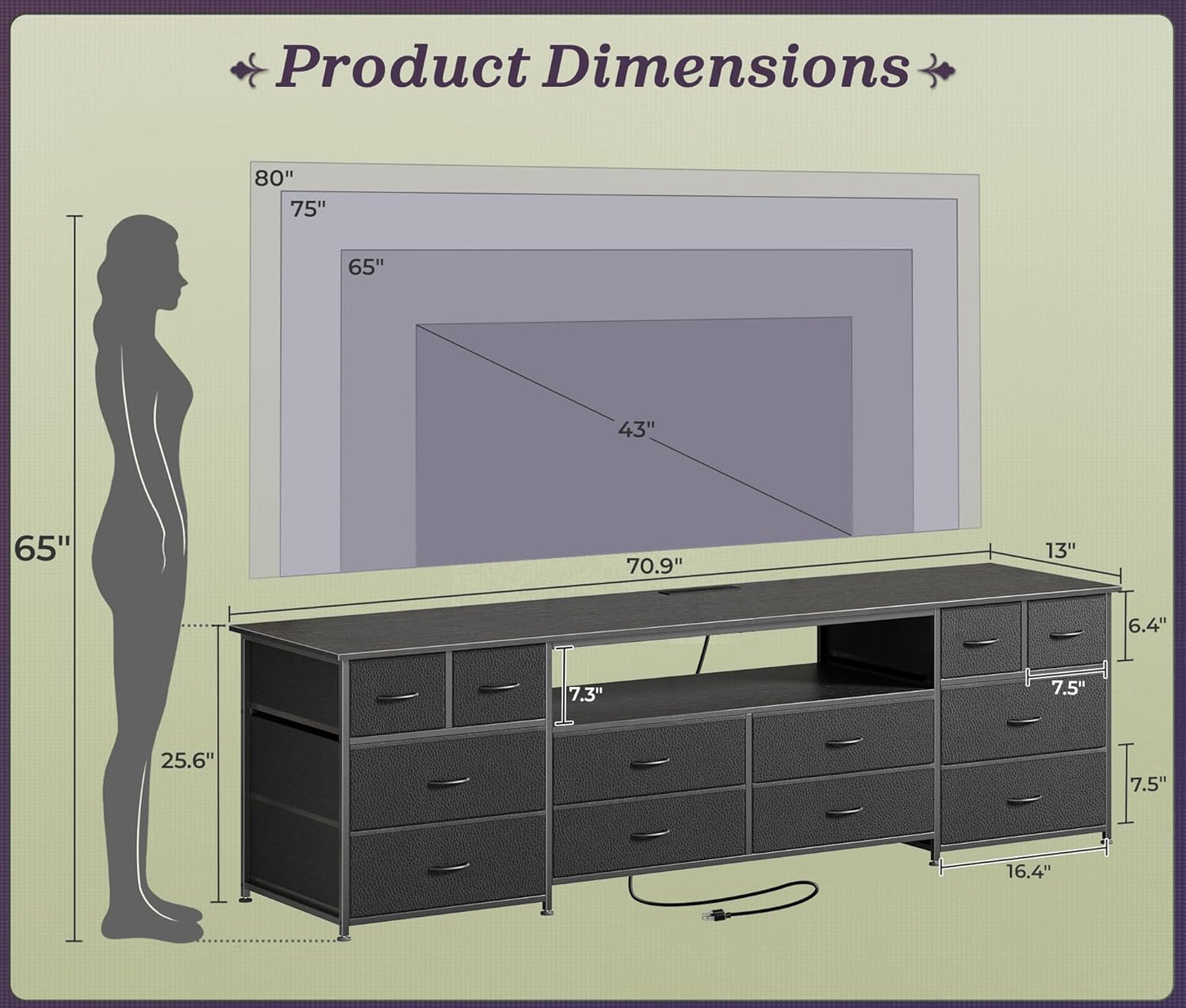 Huuger 70.9 Inch Dresser TV Stand with LED Lights, Power Outlets and USB-C Port, 12 Fabric Drawer Dresser for Bedroom, Wide Entertainment Center for 75, 80 Inch TV, Media Console, Open Shelf, Black