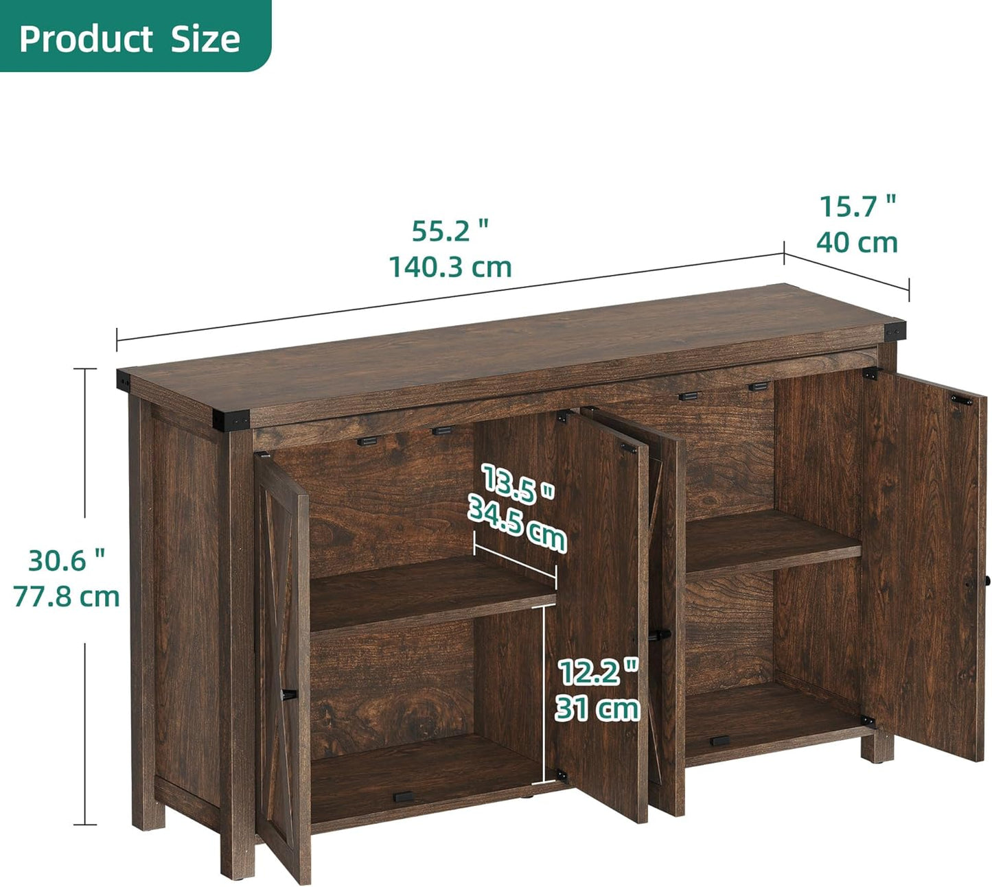 YITAHOME 55'' Buffet Cabinet with Storage, Farmhouse Sideboard Cabinet Coffee Bar Cabinets with Barn Doors ＆ Adjustable Shelves for Kitchen, Living Room, Brown