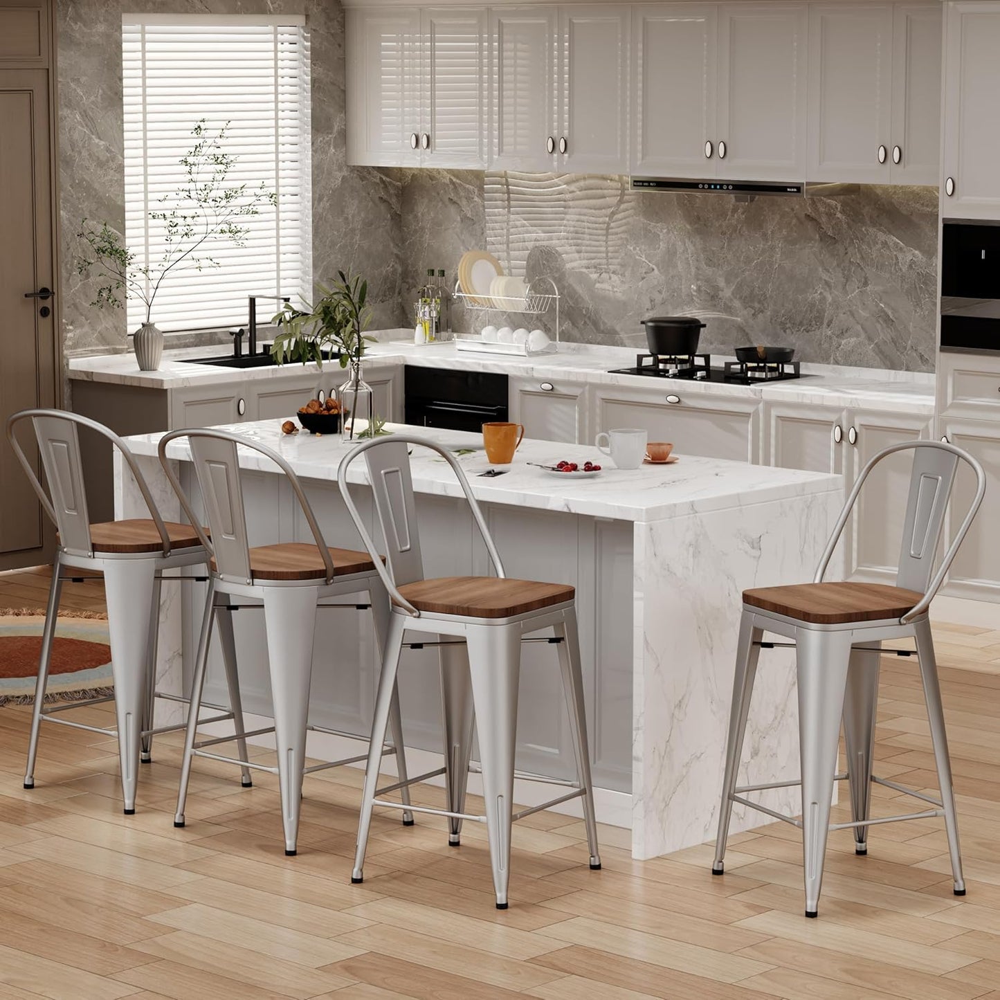 Changjie Furniture 26 Inches Metal Barstools Set of 4 Counter Height Bar Stools Industrial Stools with Backs High Back Chairs for Kitchen Island (26 Inch,Silver)