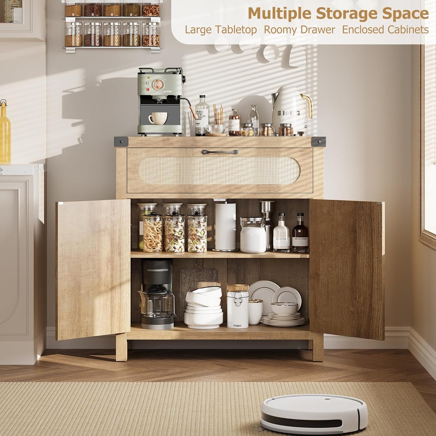 Garvee 29.9'' Small Rattan Buffet Cabinet with Storage, Kitchen Coffee Bar Cabinet with Doors and Drawer, Boho Farmhouse Sideboard with Adjustable Shelves and Handle for Living Room, Natural