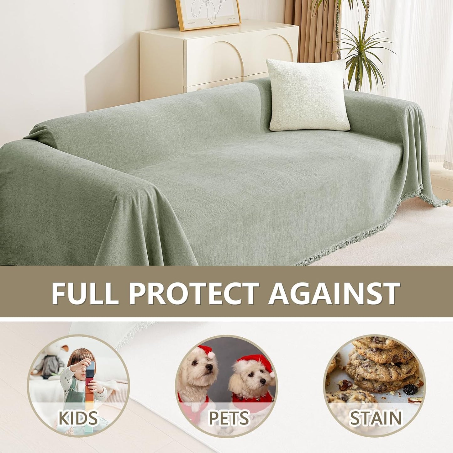 MYSKY HOME Easy Fitted Couch Cover for Dogs - Stain Resistant Sage Sofa Cover for 2 Cushion Loveseat - Multi-Use Sectional Universal Tassel Throw 91"X 118"