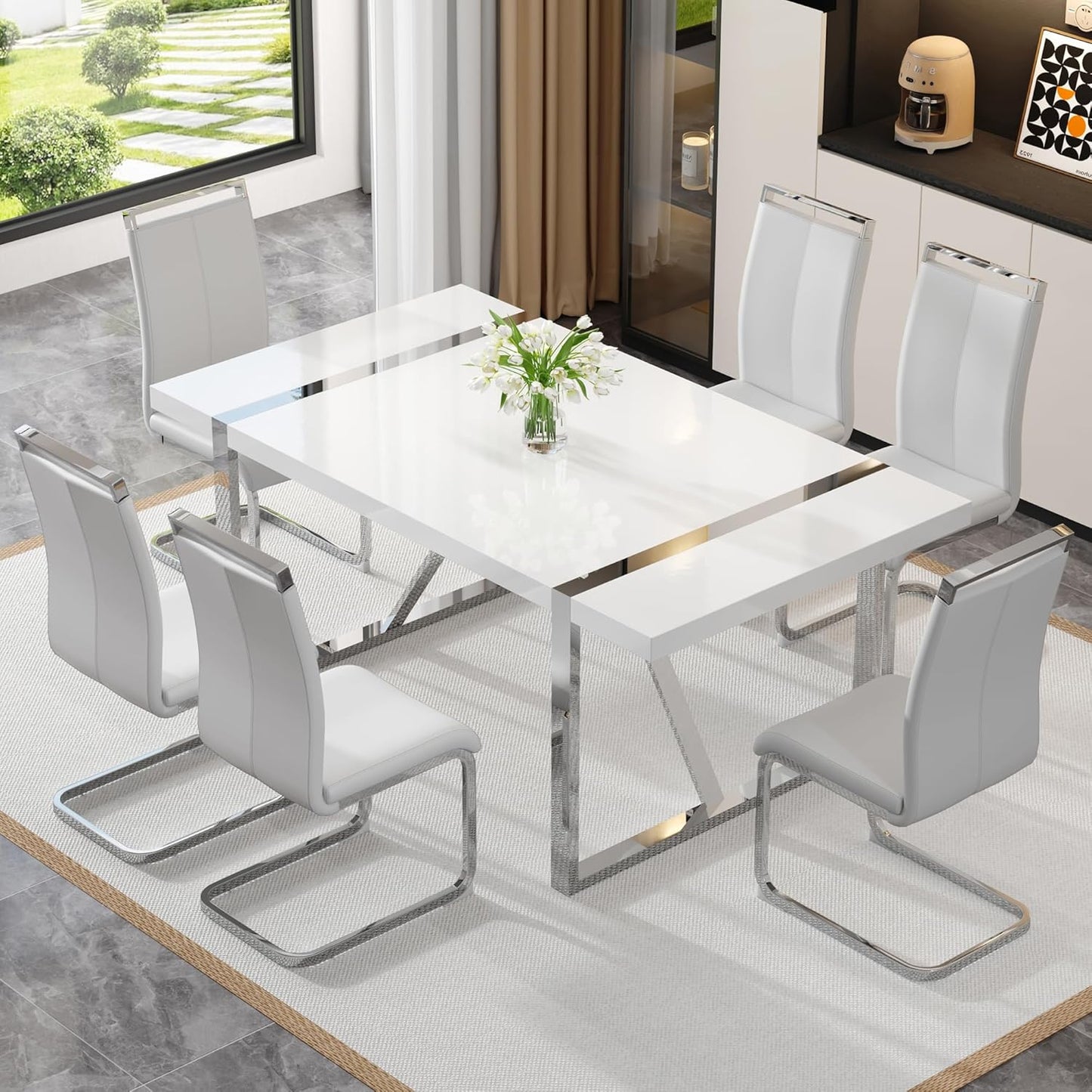 Dining Chairs Set of 6, Faux Leather with Plated Chrome Metal Frame, Modern Kitchen Chairs with Padded Seat High Back for Dining Room, Kitchen, Living Room