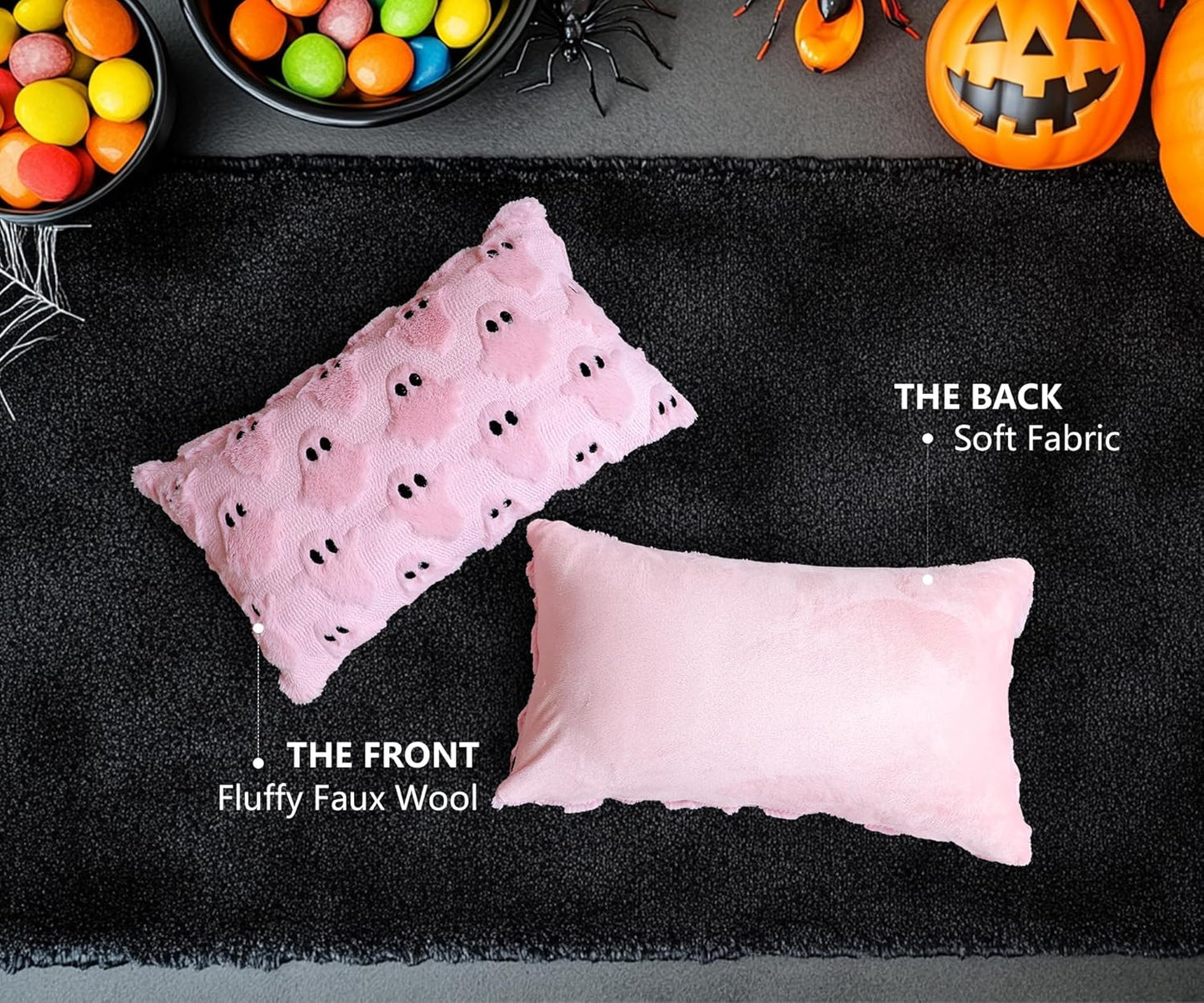 4TH Emotion Halloween Ghost Decorative Lumbar Pillow Covers 12x20 Set of 2, Pink Soft Plush Faux Fur Farmhouse Throw Cushion Cases for Fall Autumn Holiday Home Decorations
