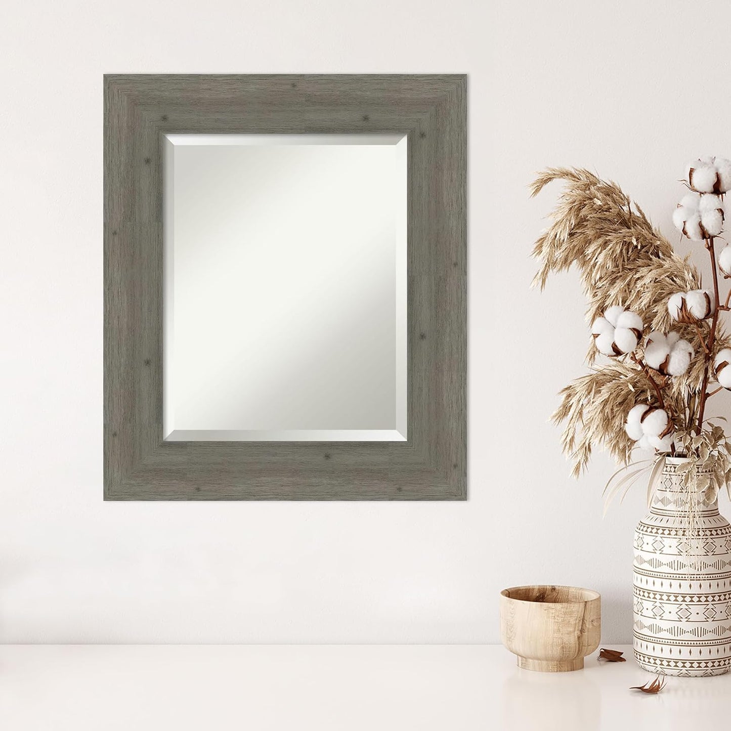Amanti Art Grey Wall Mirror 27x23 Fencepost Grey Rectangle Bathroom Mirror for Wall Decor Living Room, Small Country Rustic Wood Frame, Hangs Horizonally and Vertically, Bathroom Decor, Beveled Edge