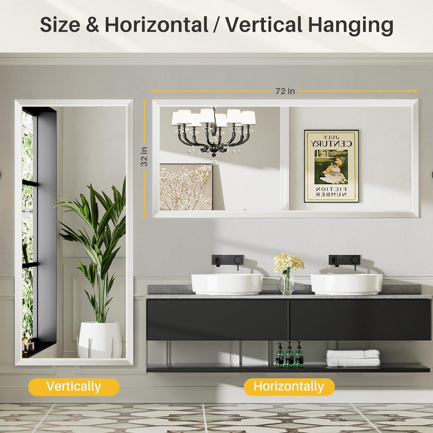 72x32 Inch White Bathroom Mirror for Wall, Thick Metal Framed Rectangle Mirrors for Over Sink, Bedroom, Living Room, Entryway, Anti-Rust, HD Tempered Glass