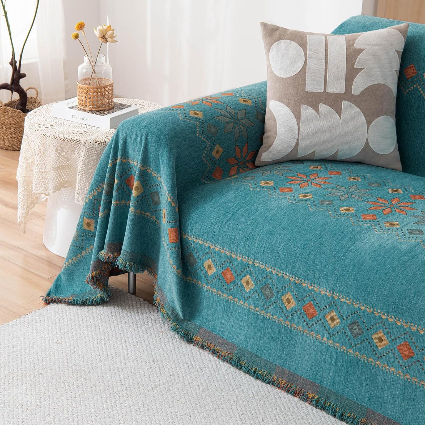 STACYPIK Green Jacquard Couch Cover Chenille Boho Sofa Covers for 3 Cushion Couch Reversible Tassels Sofa Seat Cover Blankets Scratch Proof Couch Protector Loverseat Futon Cover for Sectional-71X134IN