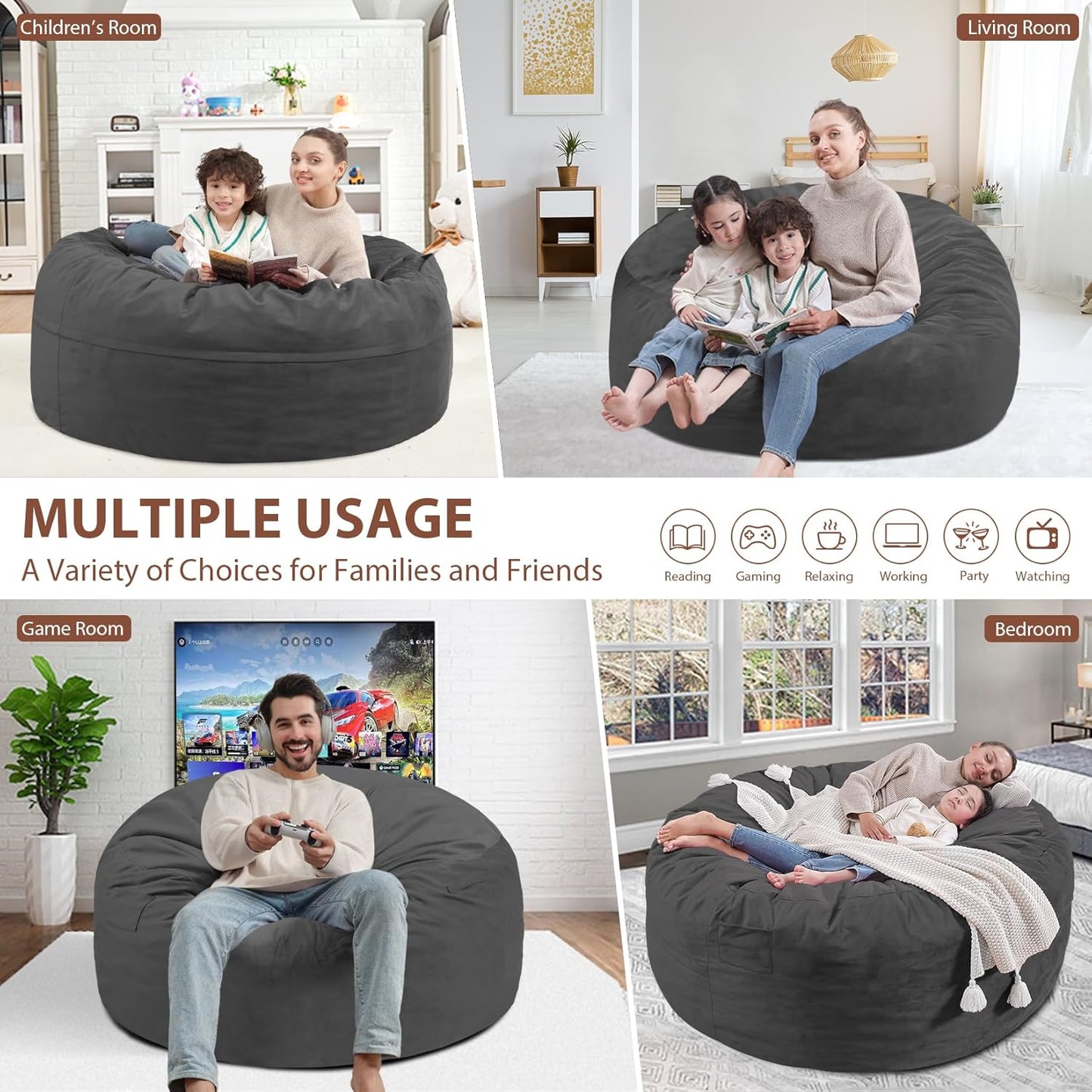 3FT Bean Bag Chair, Comfy Bean Bag Chairs with Memory Foam Filled, Fluffy Beanbag Sofa with Dutch Velvet Cover, Round BeanBag Chairs for Living Room, Playroom- Grey