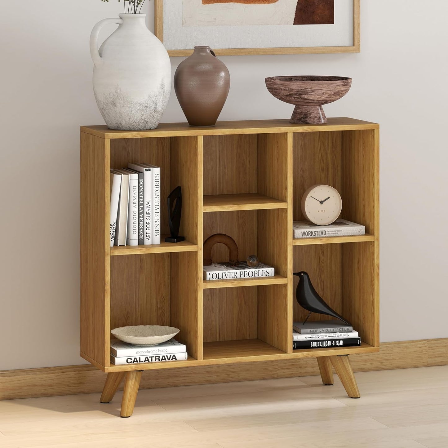 Manora Bookshelf with 7 Open Storage Cubes, Wooden Bookcase Organizer, Rustic Modern Display Shelf for Living Room, Bedroom, Office