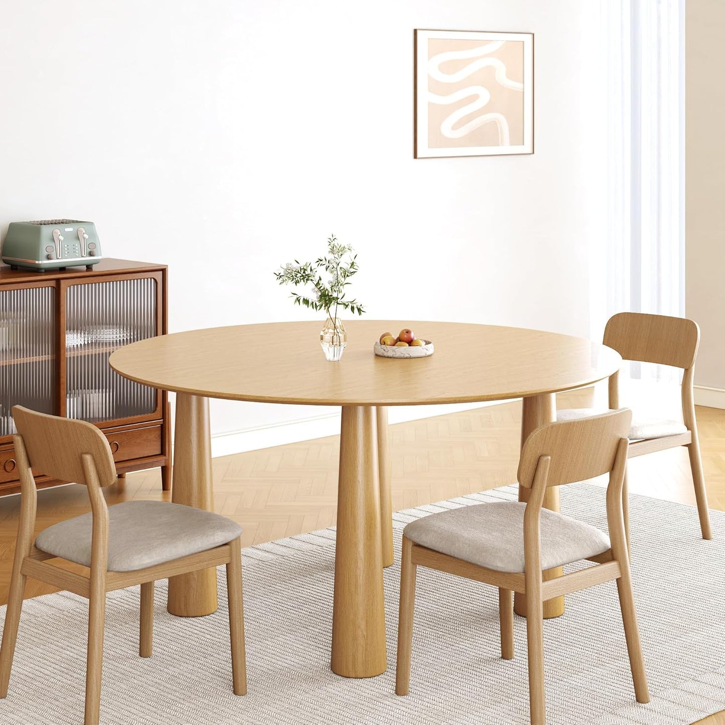 Casaphoria 59" Round Dining Table, Kitchen Table for 6 with Arc-Shaped Edge Top and Cylindrical Legs, Easy Assembly for Living Room, Dining Room, Oak