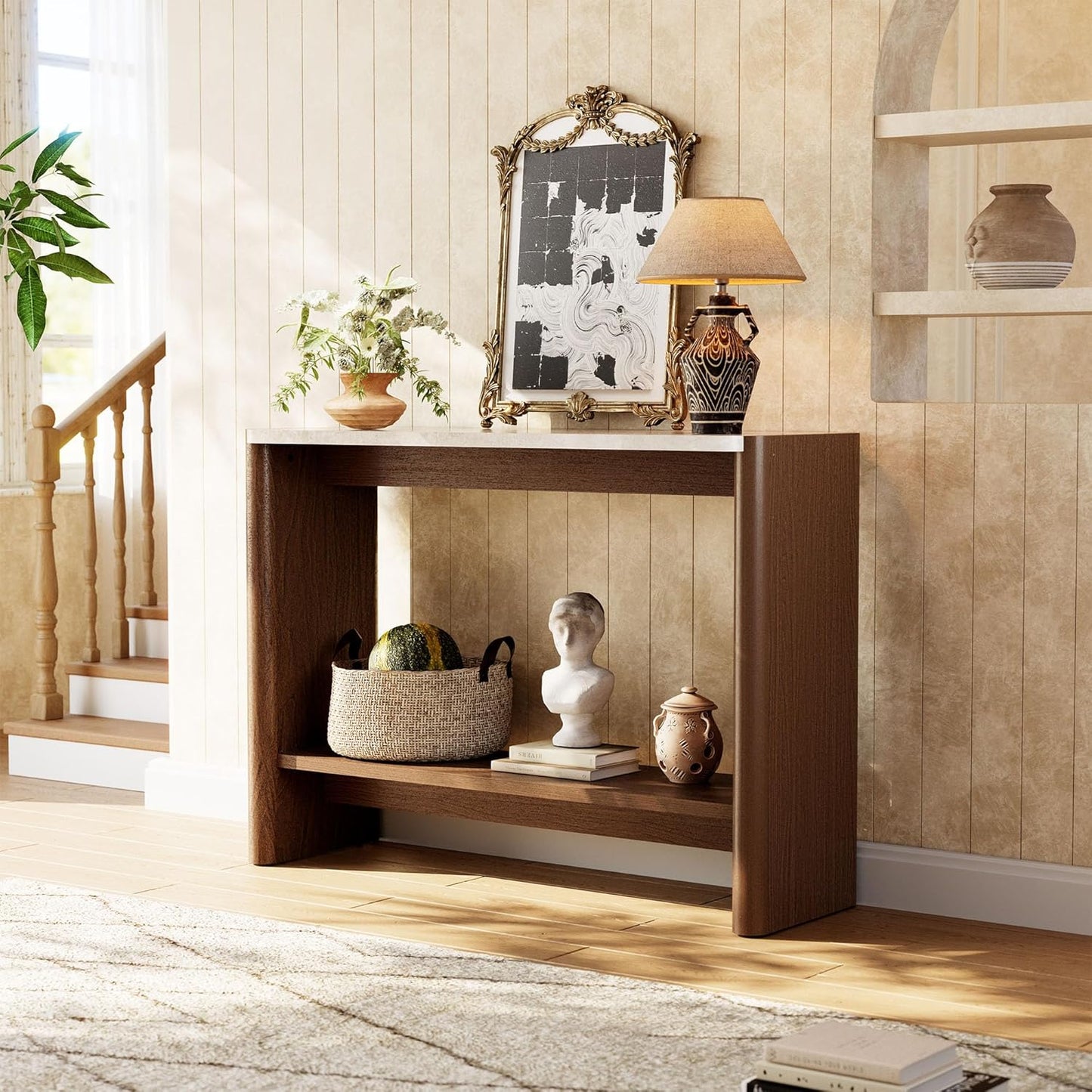 COSIEST 43.3" Farmhouse Console Table for Entryway, 2-Tier Sofa Table with Faux Stone Grain Top, Slim Accent Table for Hallway, Behind Couch, or Living Room, Brown Wood Look