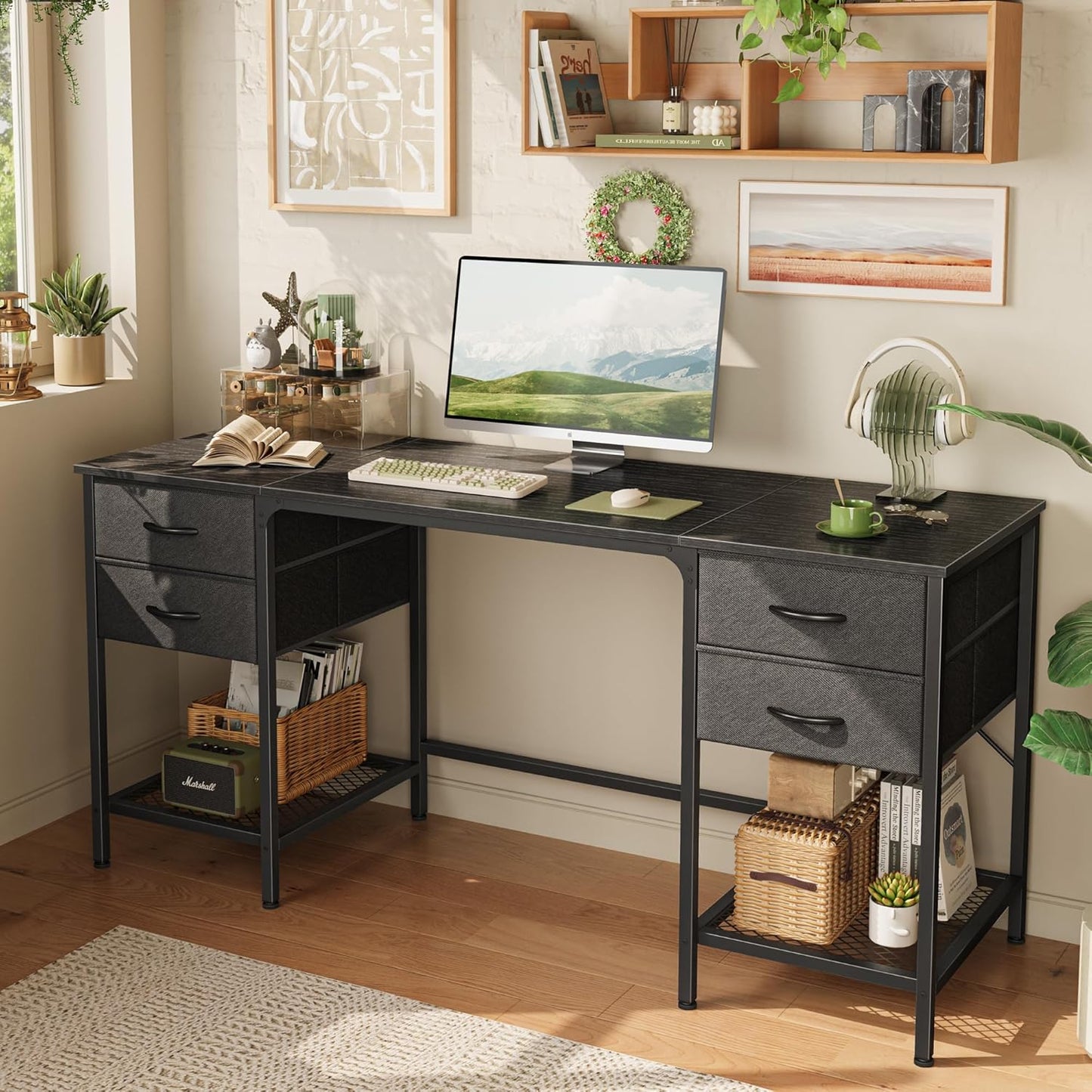 Huuger 63 Inch Computer Desk with 4 Drawers, Mesh Shelf, Gaming, Large Storage, Writing Work Desk for Home, Study, Bedroom, Work from Home, Black