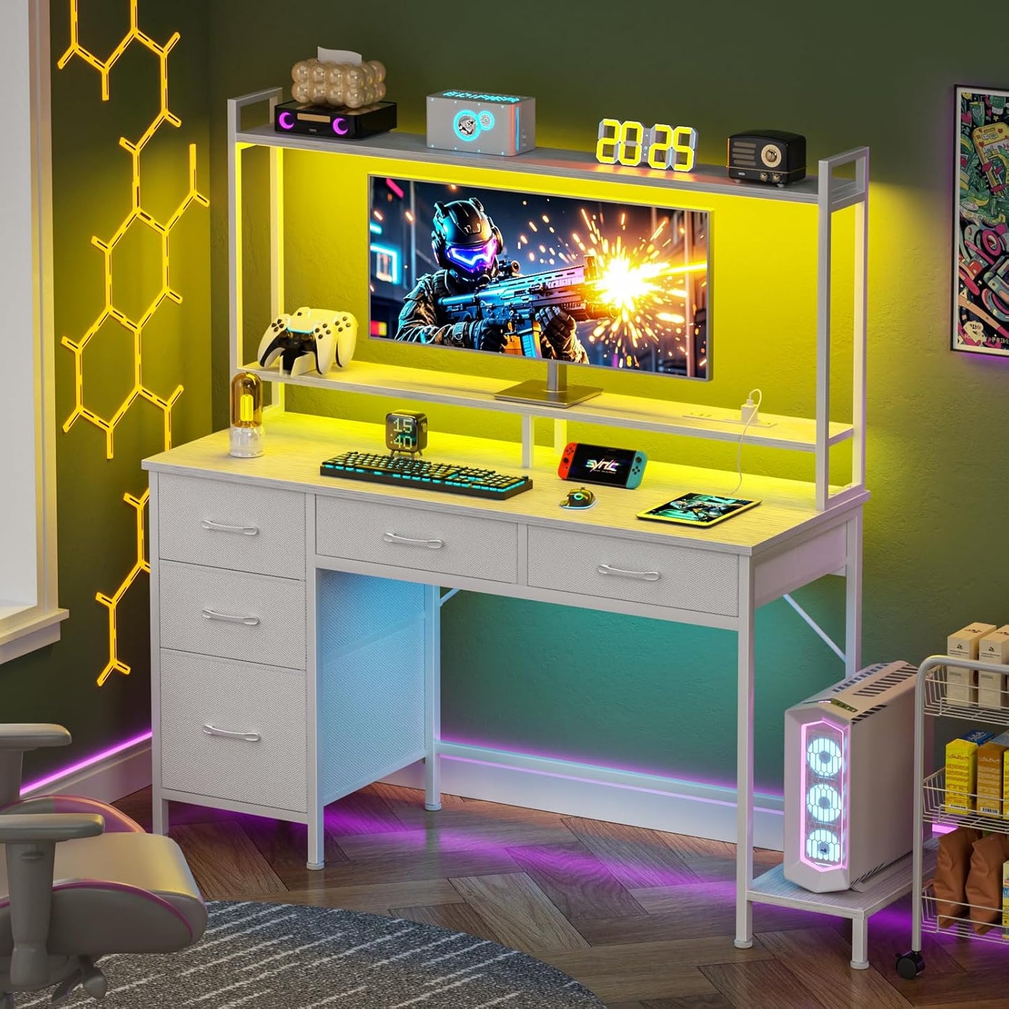 Computer Gaming Desk with Hutch, Home Office Desk with Power Outlets, LED Light, 5 Storage Drawers, 2 Tiers Shelves for Display, 47 Inch Modern Study Writing Table for Bedroom, White