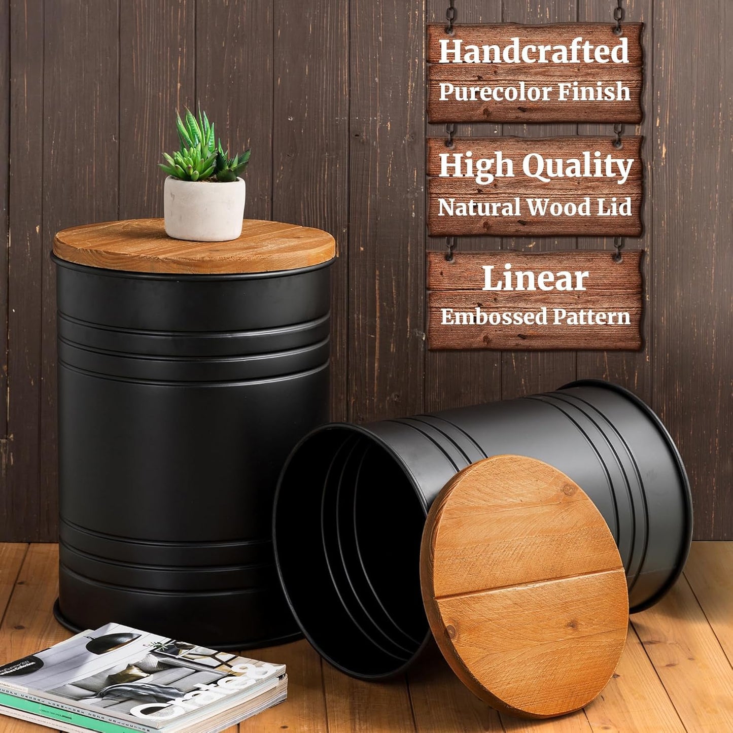 Glitzhome Farmhouse Accent Side Table, Metal Storage Stool Ottoman with Round Lid - Galvanized Coffee Cocktail End Tables Set of 2 for Living Room Bedroom, Black