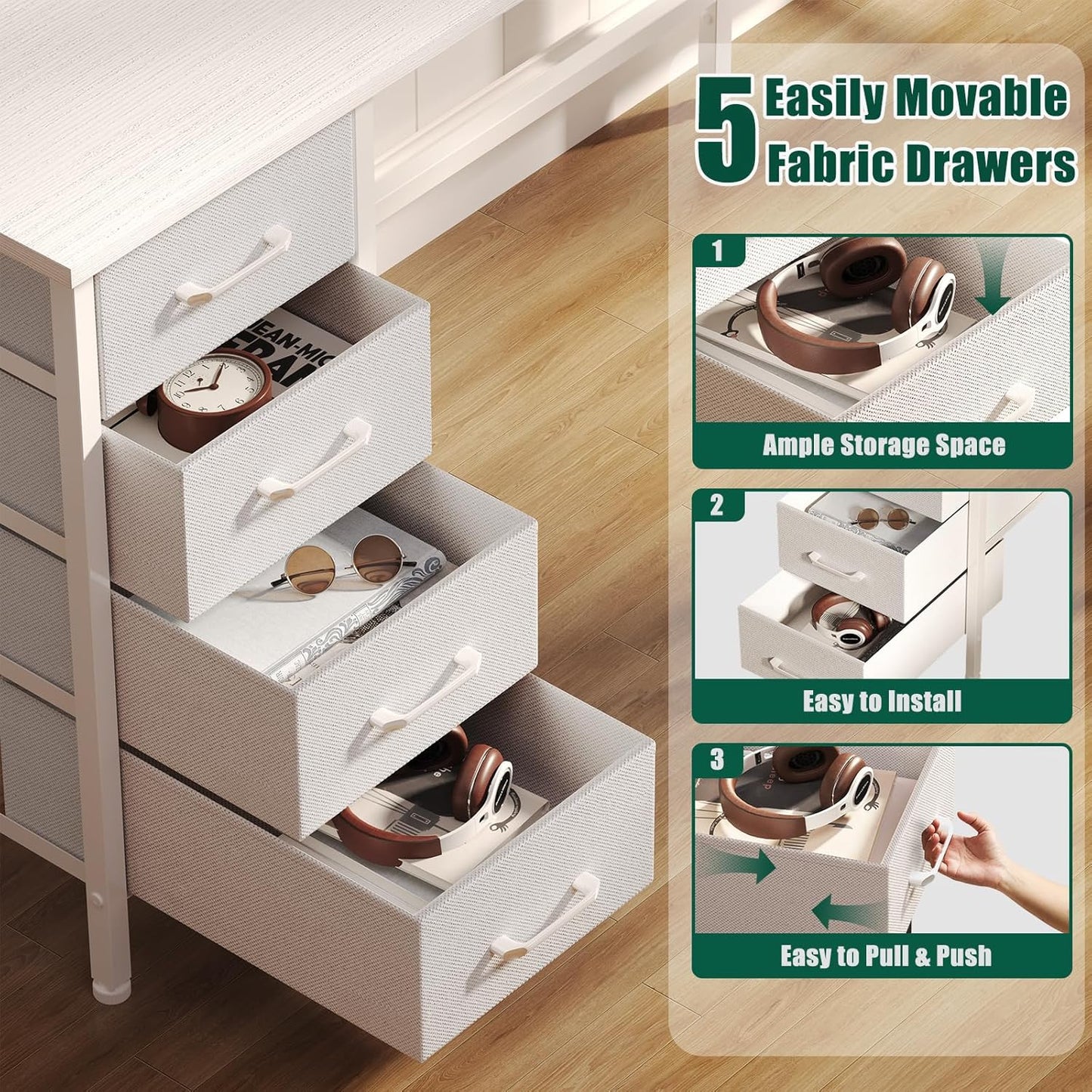 55 Inch Computer Gaming Desk with Power Outlets LED Lights, Reversible Home Office with Adjustable Fabric Storage Drawers for Working Writing Study, White