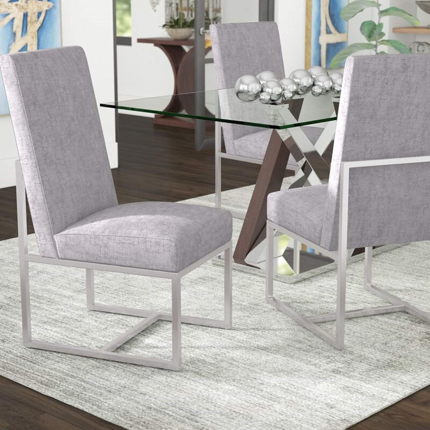 Manhattan Comfort Element Modern Velvet Dining Chairs, High Density Foam, Chrome Finish Stainless Steel Frame, High-Back, Fully Assembled Industrial Chic Accent Furniture, Set of 2, Grey