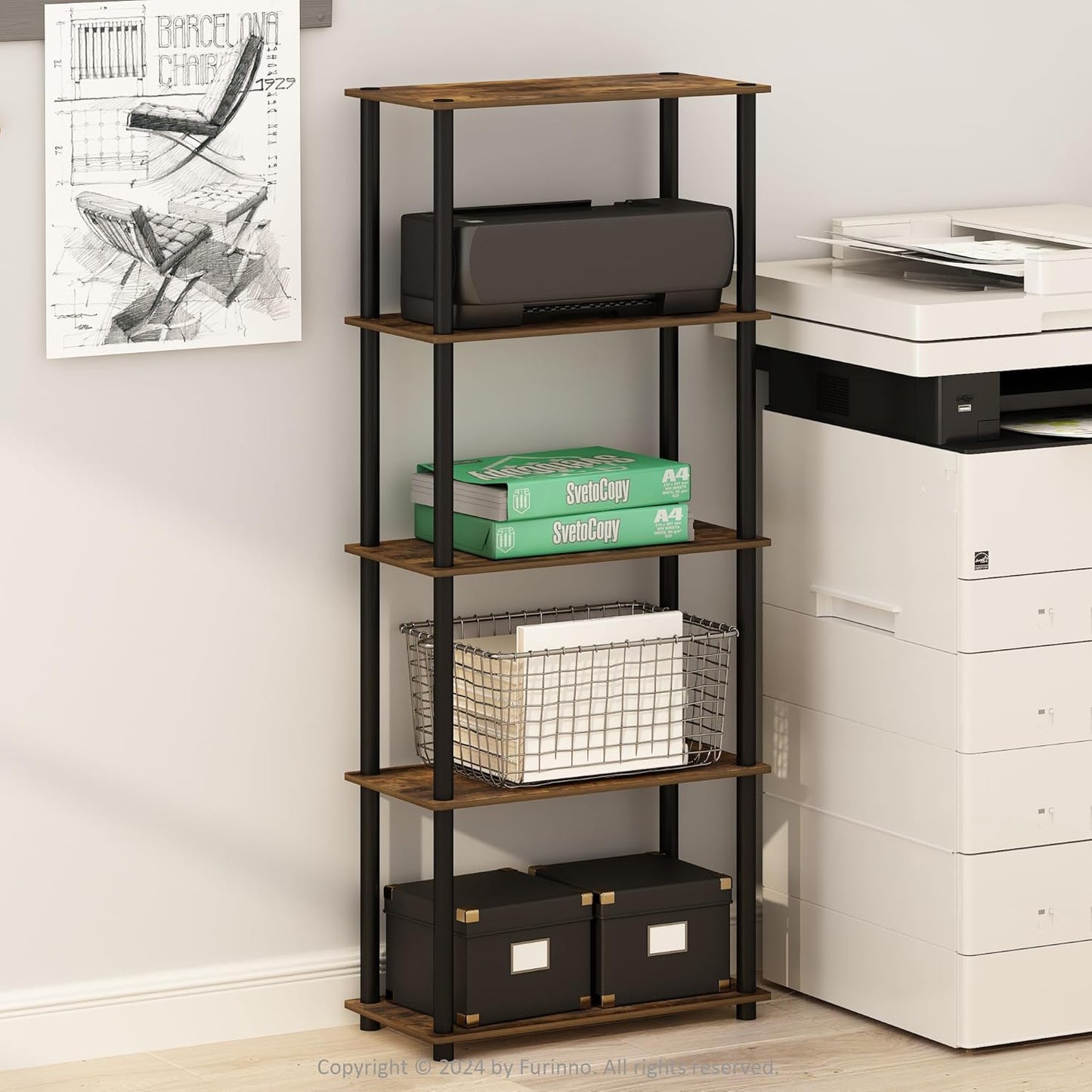 Furinno Turn-N-Tube 5-Tier Multipurpose Shelf Display Rack, Amber Pine/Black