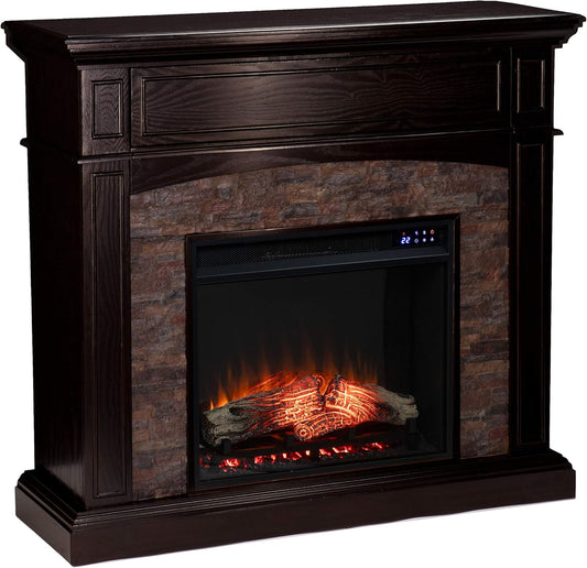 SEI Furniture Grantham Faux Stone Corner Electric Fireplace with Hidden Media Shelf, New Ebony