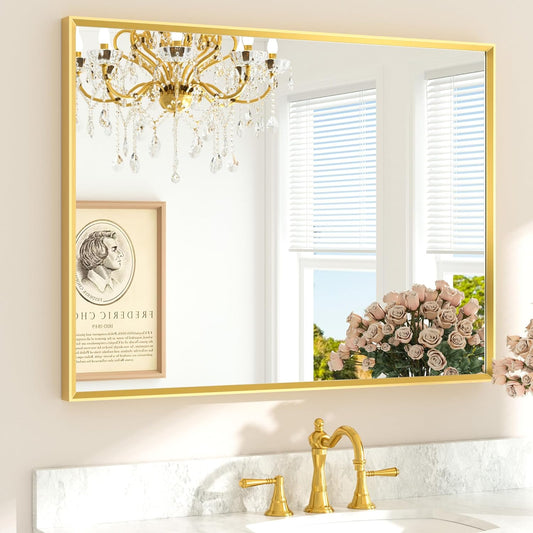 TETOTE Brushed Gold Vanity Mirror for Bathroom 40" x 30" Brushed Brass Rectangle Beveled Framed Bathroom Wall Mirror for Over Sink, Tempered Glass, Modern Farmhouse Bedroom, Entryway, Living Room