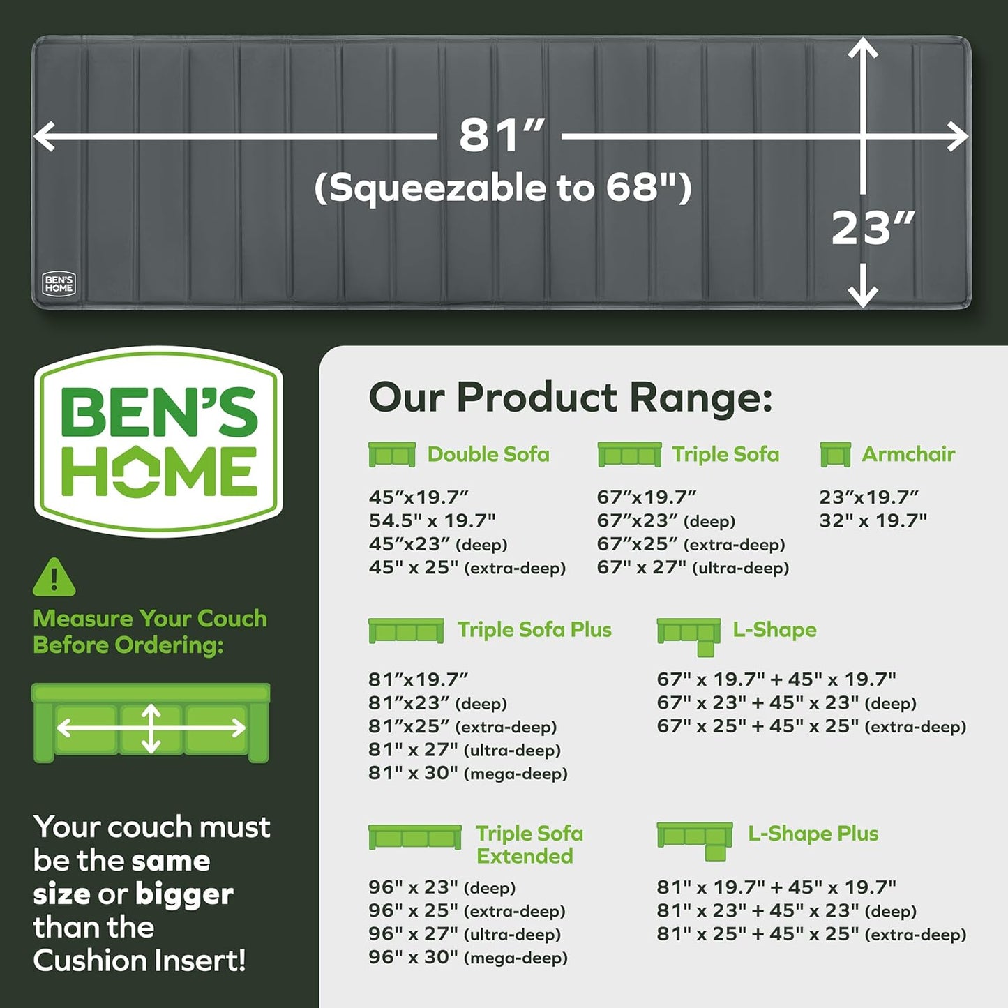 BEN'SHOME® Deep Couch Cushion Support for fix Sagging Seats - Heavy Duty Solid .5" Wood Sofa Support Board | Adjustable 68"-81" x 23" Under Cushion Insert | Non-Slip Furniture Saver | 400 LB Capacity