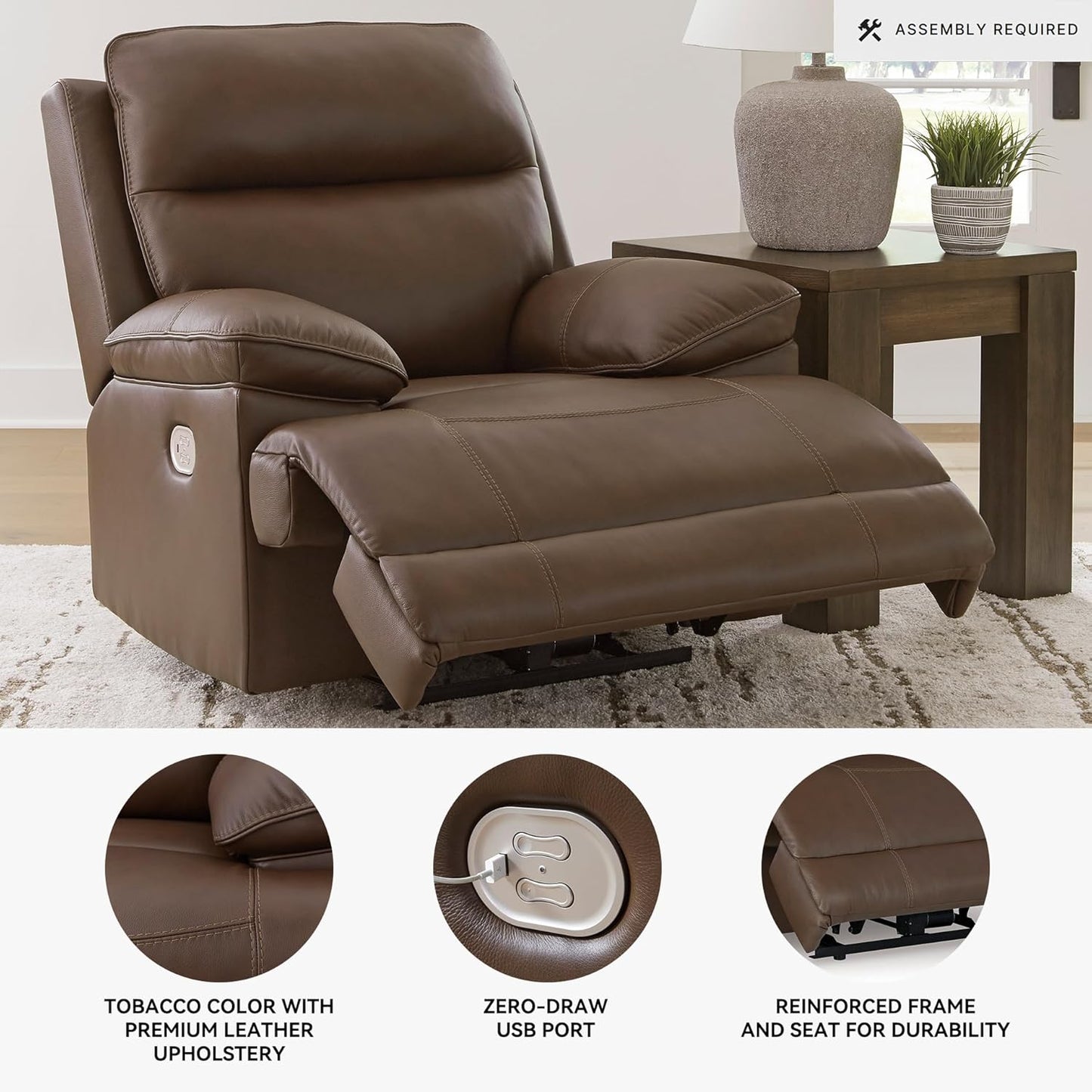 Signature Design by Ashley VonRyan Modern Zero Gravity Leather Match Power Recliner with Adjustable Headrest and USB Ports, Dark Brown